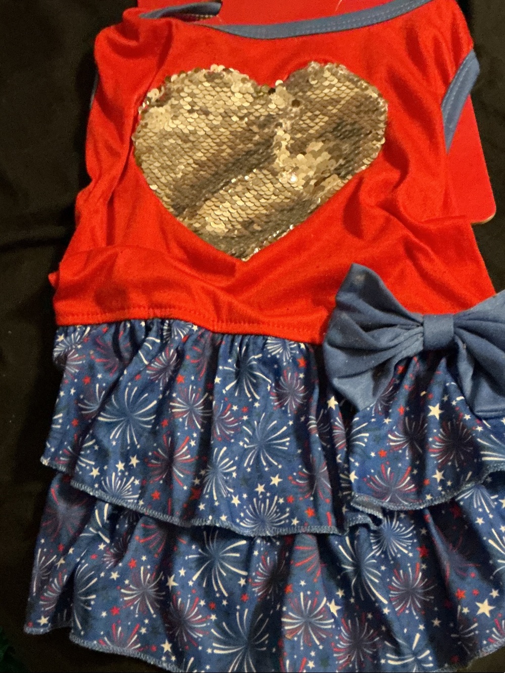 Red Sequin Heart Tiered Blue Fireworks Dress Large